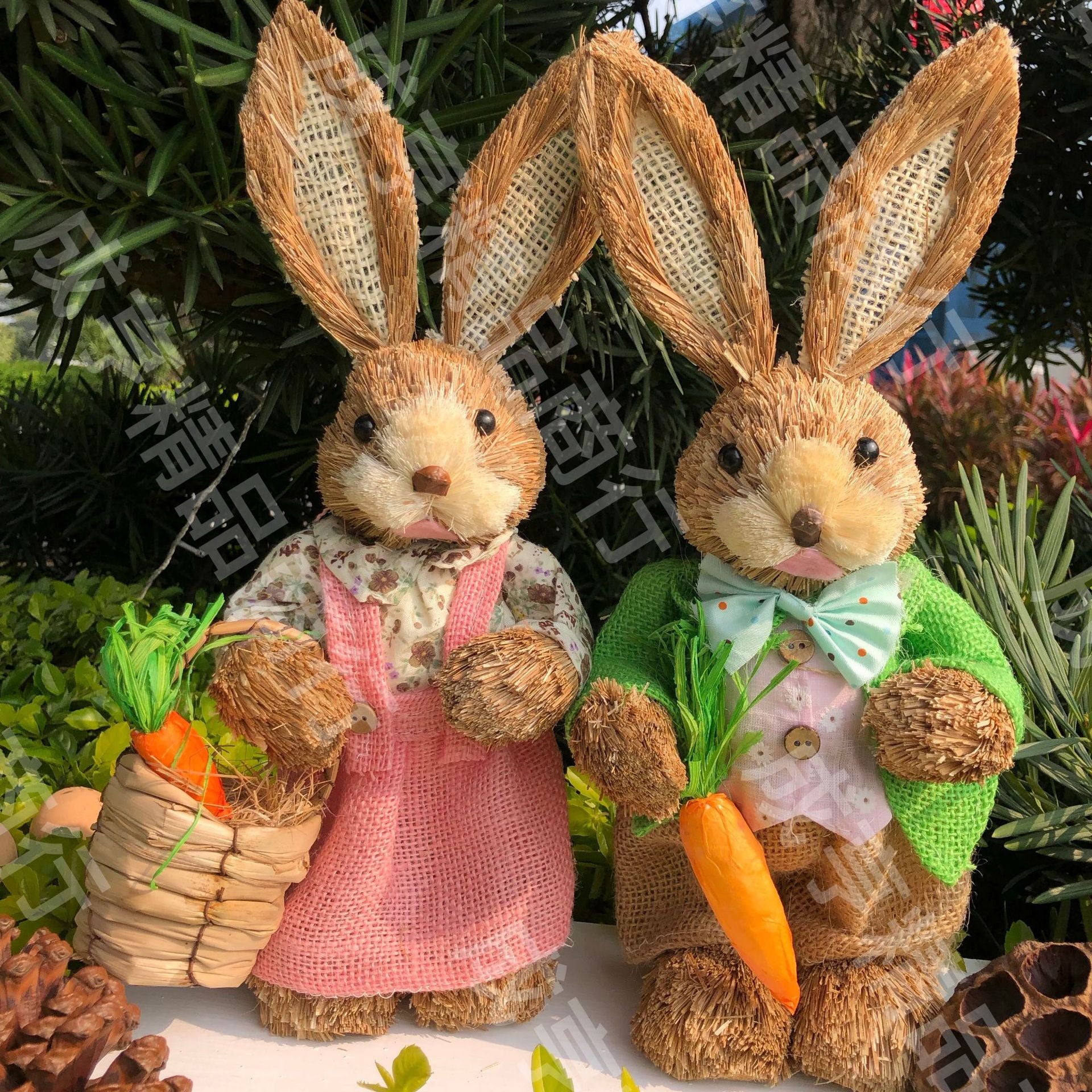 Aidoufen 2Pcs Artificial Straw Bunny Easter Decoration Handmade Standing Rabbit Ornament Party Supplies Home Decor Crafts Kids Gifts 35Cm