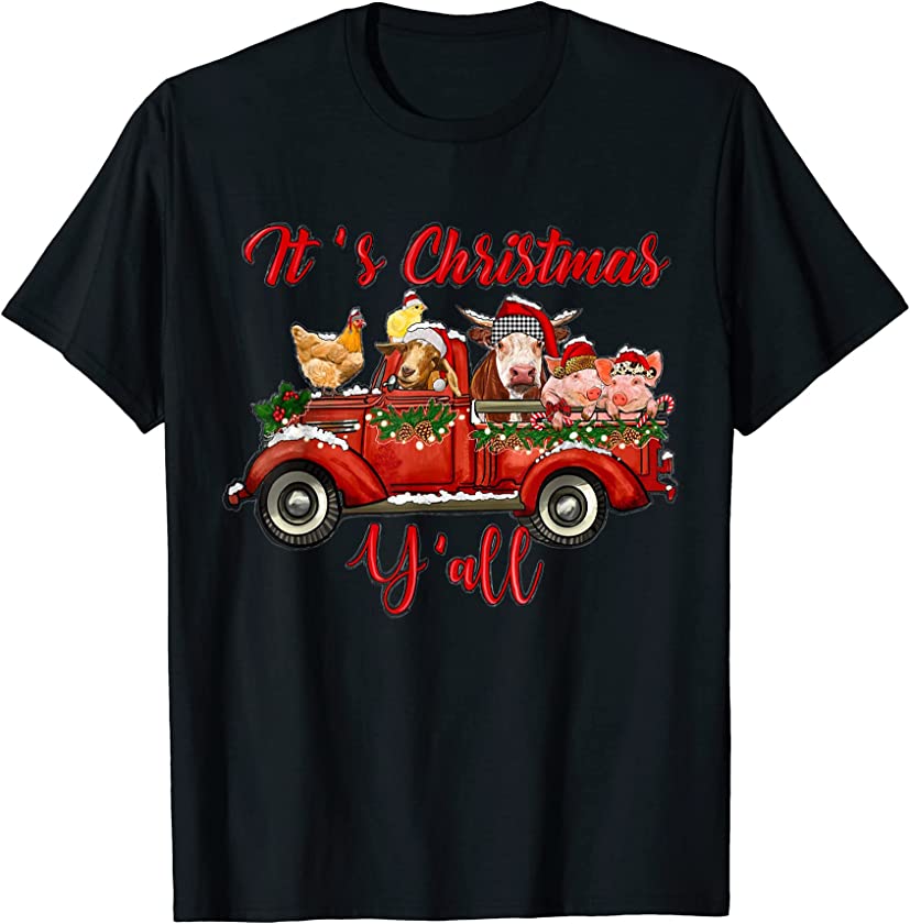 Red Farm Truck Farm Animal Farmer Girl It’s Christmas Y’all T-Shirt