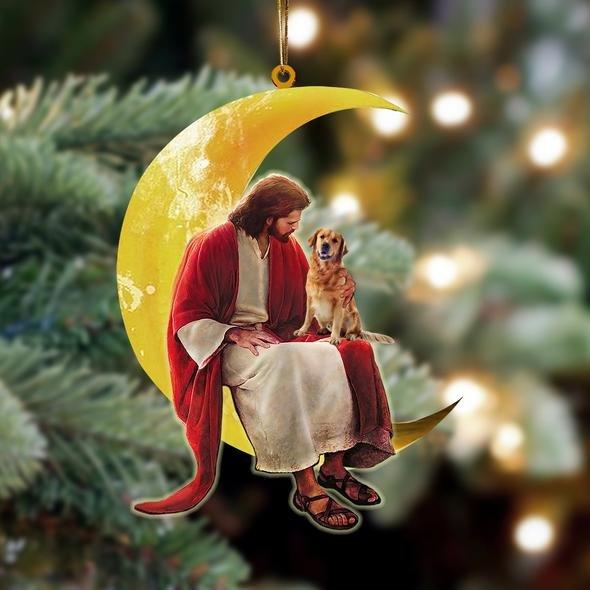 Golden Retriever Dog And Jesus Sitting On The Moon Hanging Ornament