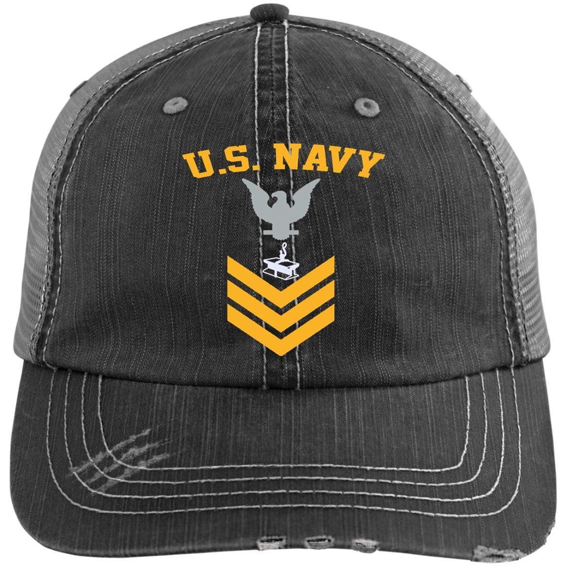 Us Navy Steelworker Sw E-6 Rating Badges Gold Stripe Printed Distressed Unstructured Trucker Cap