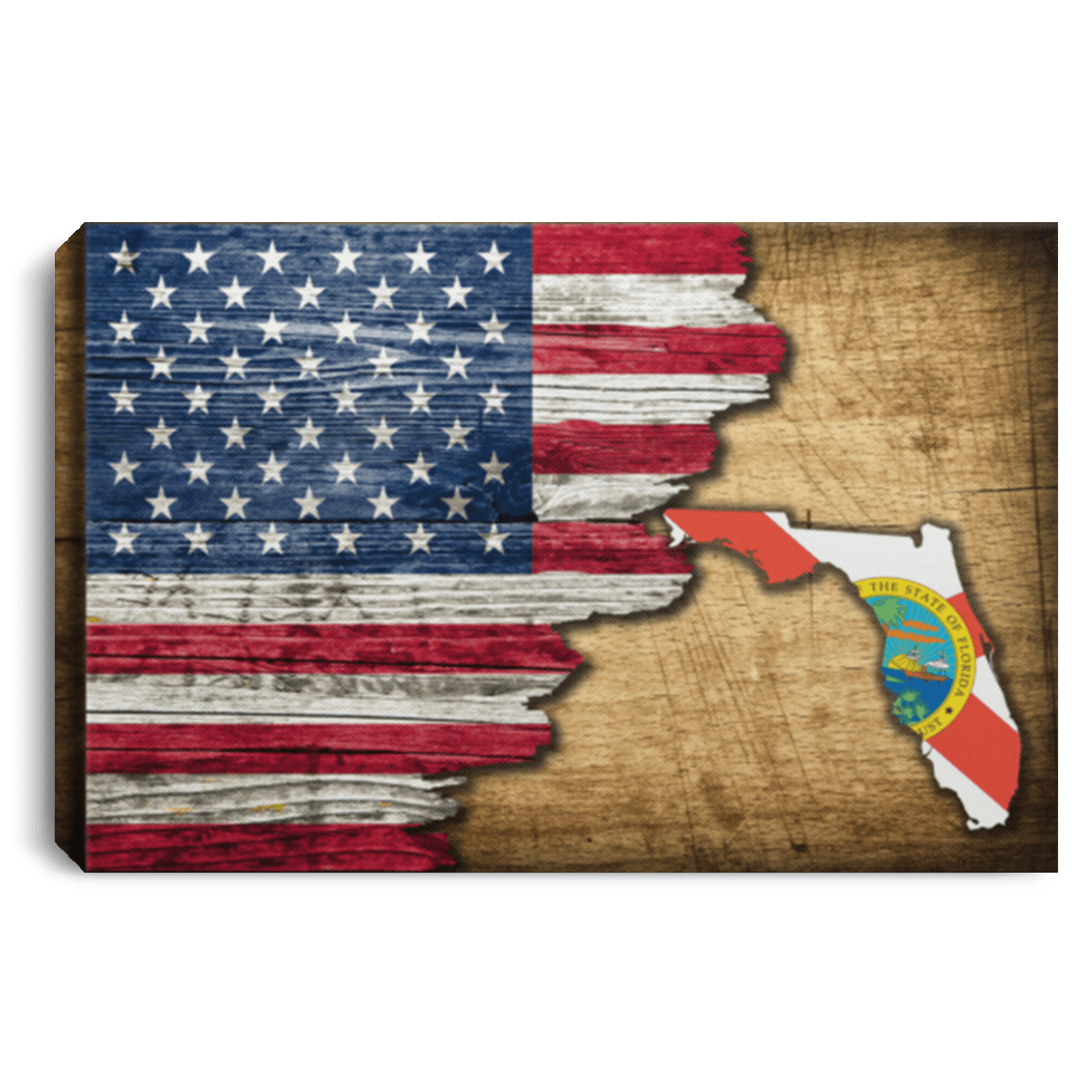 United States/Florida Flag Ripped Effect 12X8 Inches Landscape Canvas .75In Frame