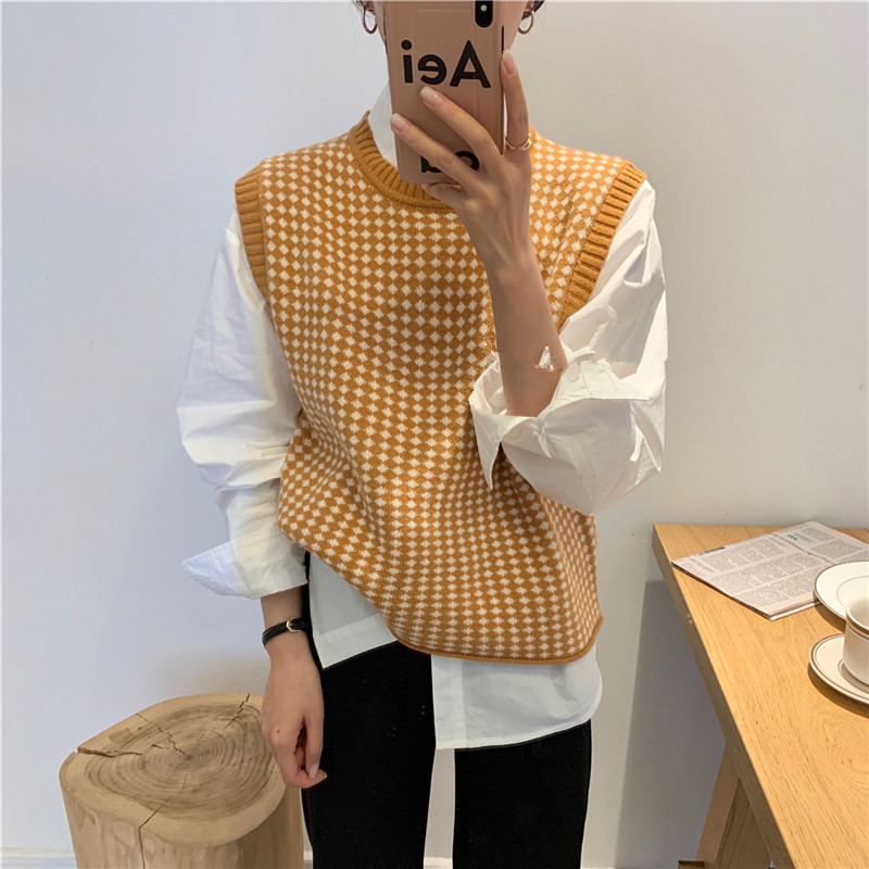 Y2K New Autumn Winter Women Sweaters Sleeveless Oversized Vintage Knitted Vest Checkered Waistcoat Lady Harajuku Tops 2022 alx