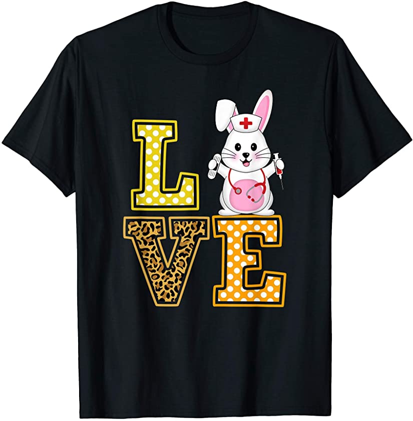 Love Easter Bunny Nurse Stethoscope Leopard Print RN LPN LVN T-Shirt