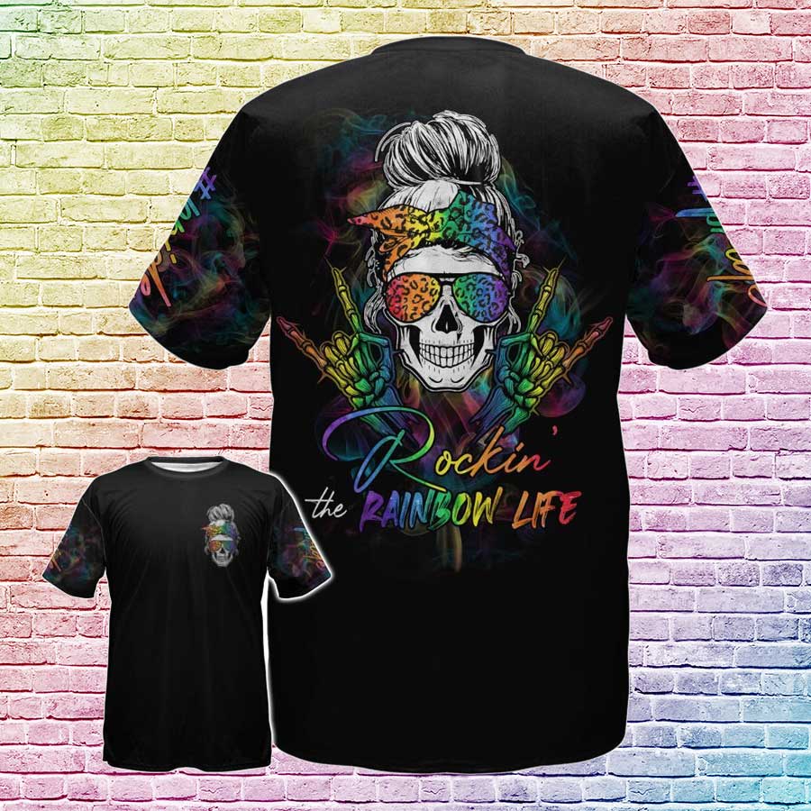 Pride Shirt, Lgbt Rockin The Rainbow Life Skull 3D All Over Printed, Tshirt Gift For Lgbt