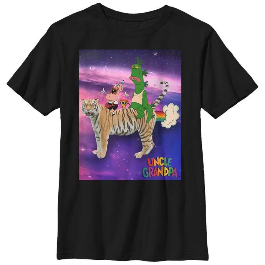 Uncle Grandpa Boy’s Giant Realistic Flying Tiger in Space  T Shirt Black S