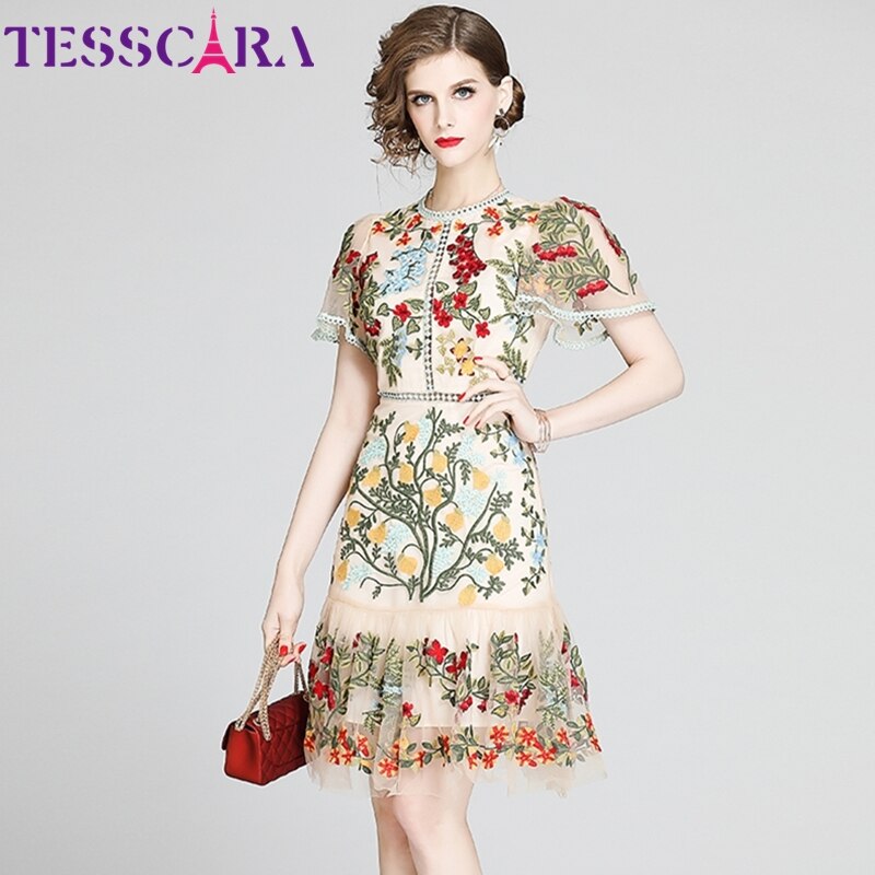 TESSCARA Women Luxury Embroidery Mesh Dress Festa High Quality Elegant Wedding Party Robe Femme Vintage Floral Designer Vestidos alx