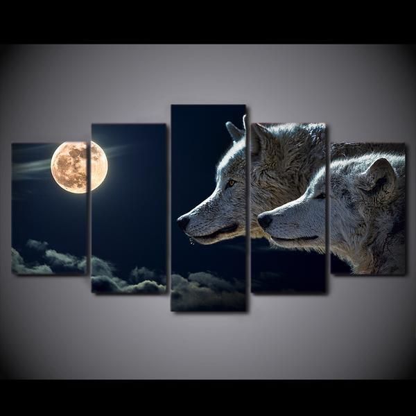 White Wolf Moon At Full Moon Wolves Animal 5 Panel Canvas Art Wall Decor