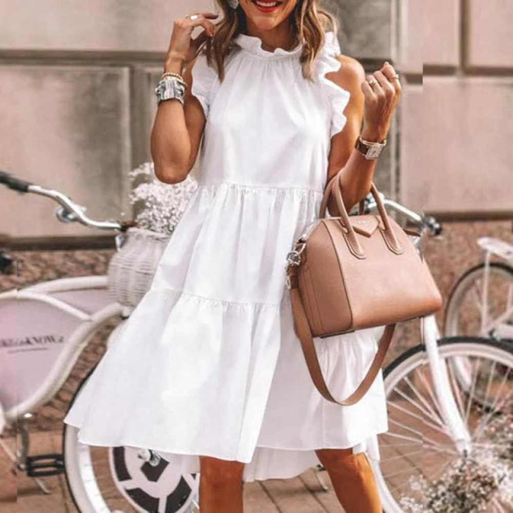 Autumn Elegant White High Neck Ruffle Dress Sexy Long Sleeve Short Loose Dresses Fashion Puff Sleeve Dress Vestidos Mulher 2022 alx