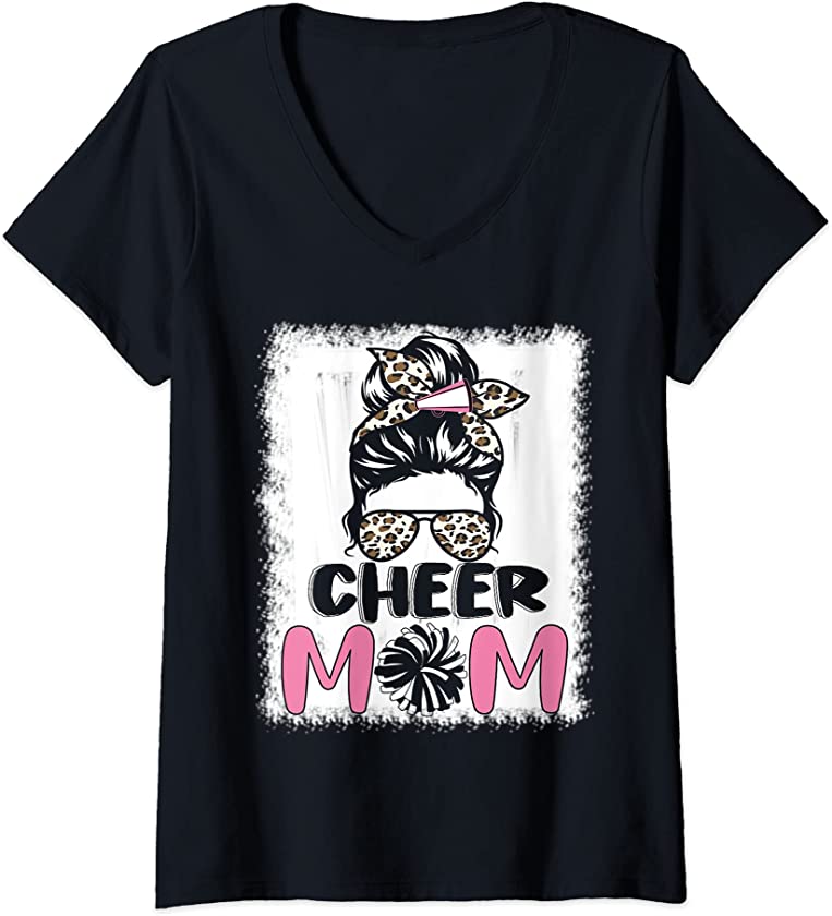 Womens Cute Messy Bun Cheer Mom Funny Leopard Bandana Mother’s Day V-Neck T-Shirt