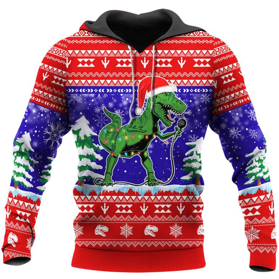 Santa Dinosaur Singing Christmas Hoodie 3D All Over Print