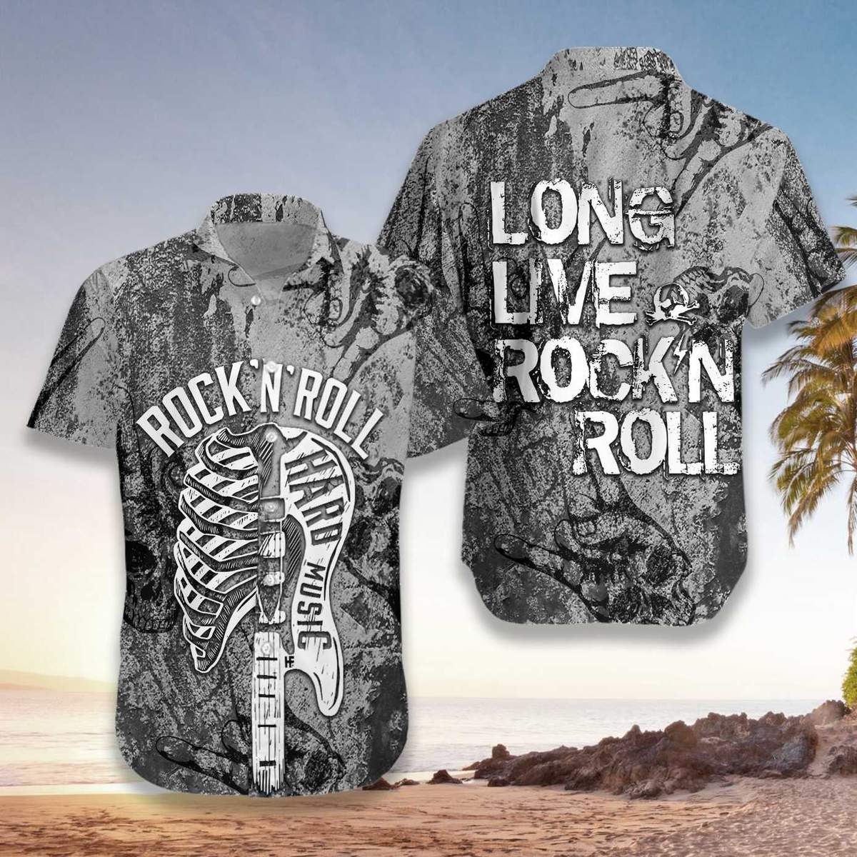 Long Live Roll Guitar Unisex Hawaii Print Aloha Short Sleeve Casual Shirt Ha19464