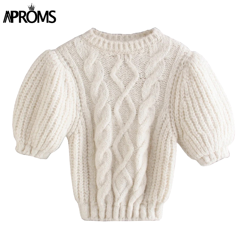 Aproms Elegant Lantern Sleeve Knitting Women’s Pullovers Spring 2022 Casual O-neck Cropped Sweaters Ladies Short Skinny Jumpers alx