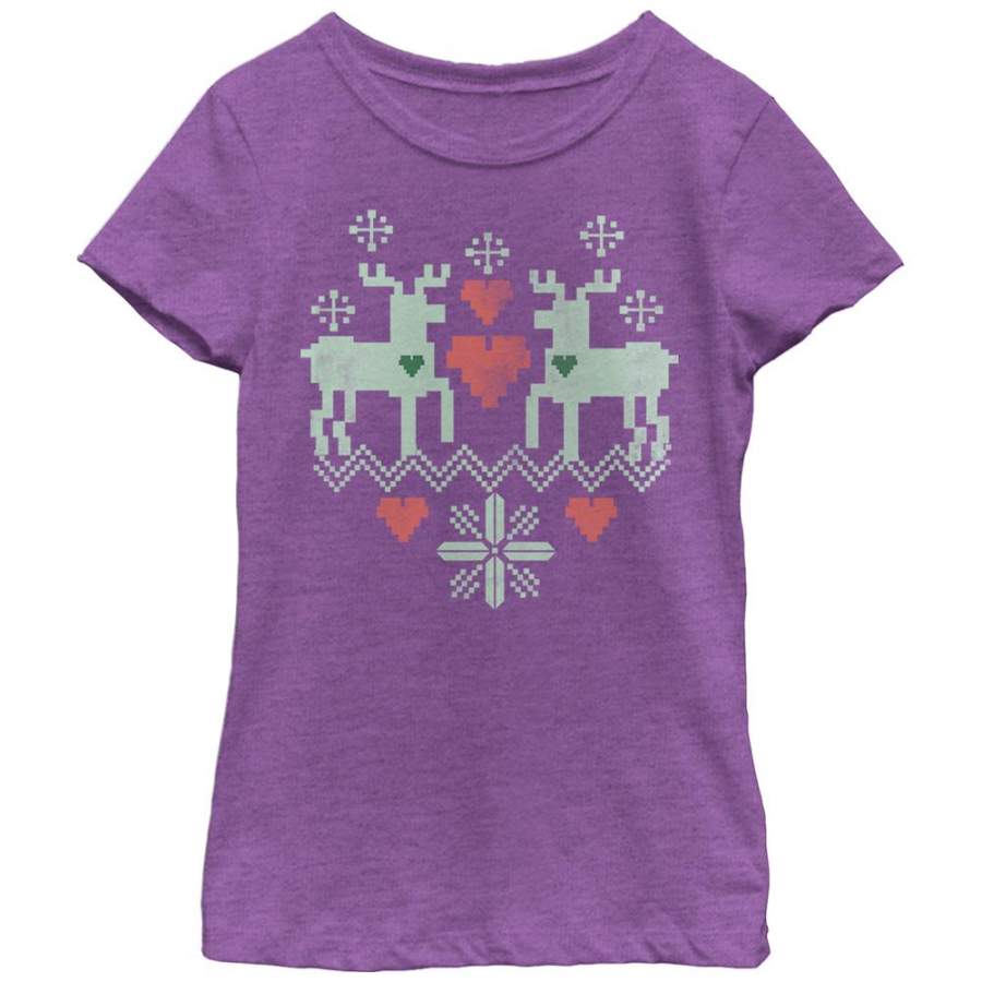 Lost Gods Girl’s Christmas Reindeer Love  T Shirt Purple Berry