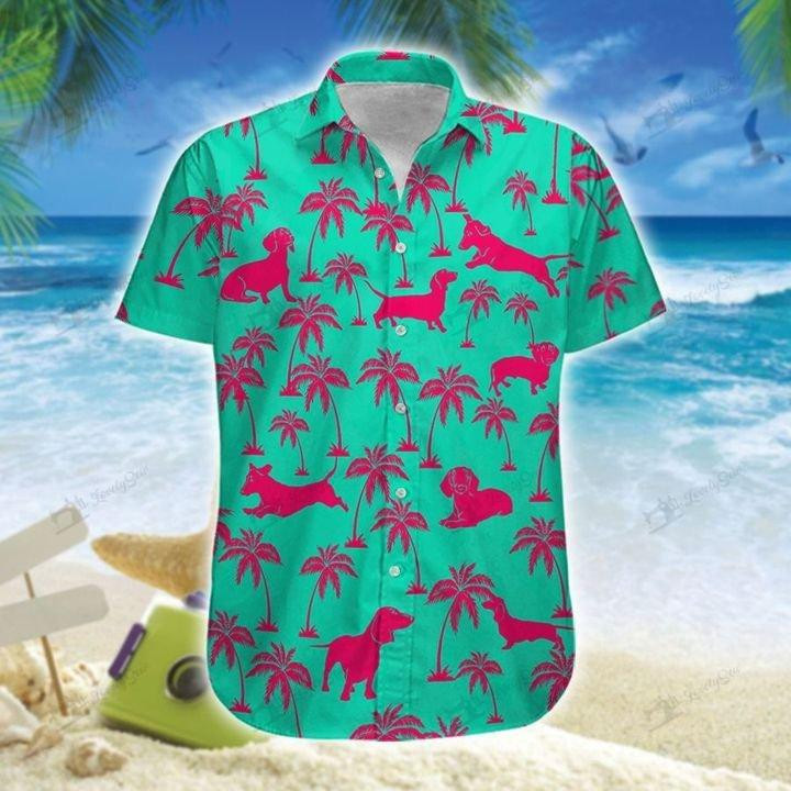 Cute Dachshund Green Pink Unisex Hawaii Shirts Beach Shorts Ha103273