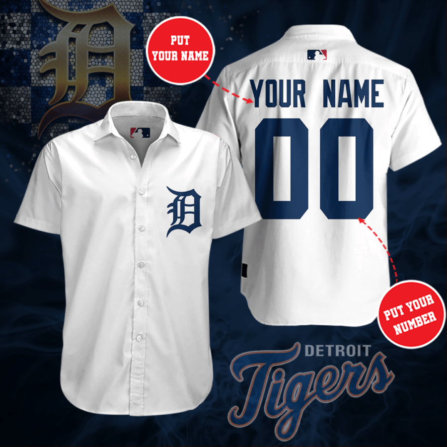 Personalized Detroit Tigers All Over Print 3D Short Sleeve Dress Shirt Hawaiian Summer Aloha Beach Shirt – White-Tph