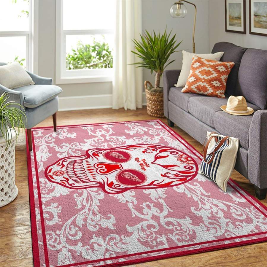 Detroit Red Wings Area Rugs Skull Flower Style Living Room Carpet Sports Floor Decor