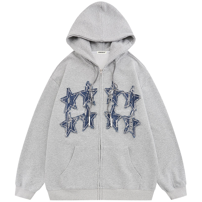 Lemandik® Fall Zipper Hoodie Denim Stars Patch