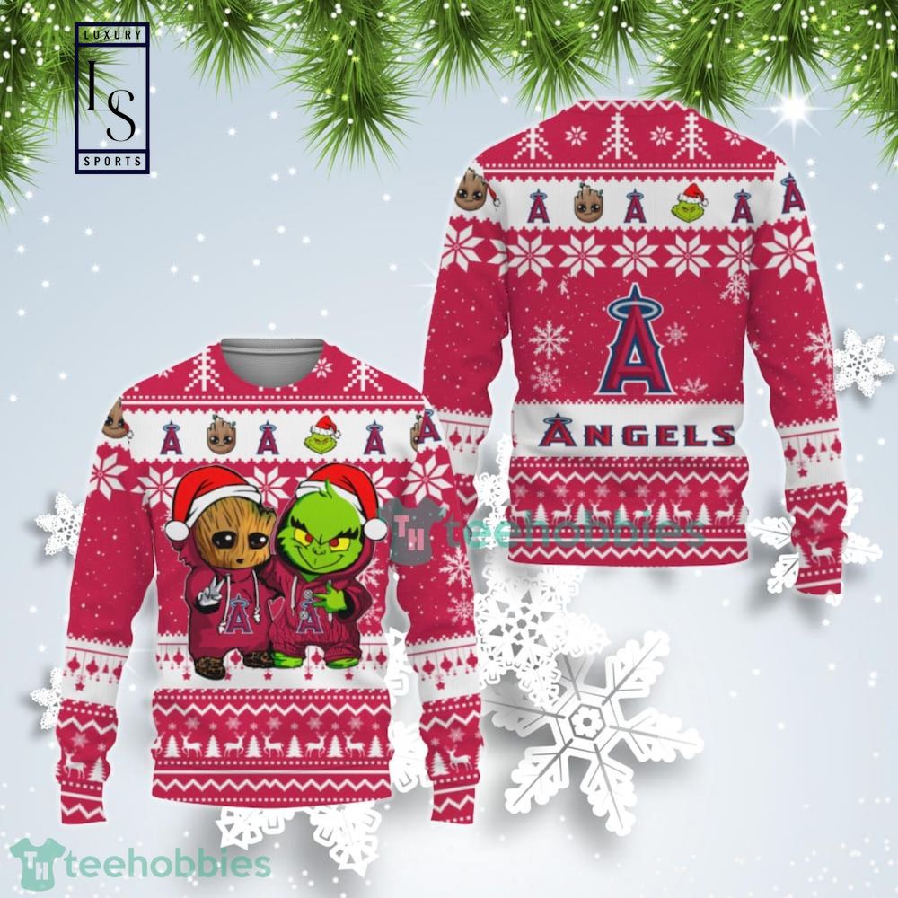 Los Angeles Angels Baby Groot And Grinch Best Friends Gift For Fan Ugly Wool Sweater Christmas