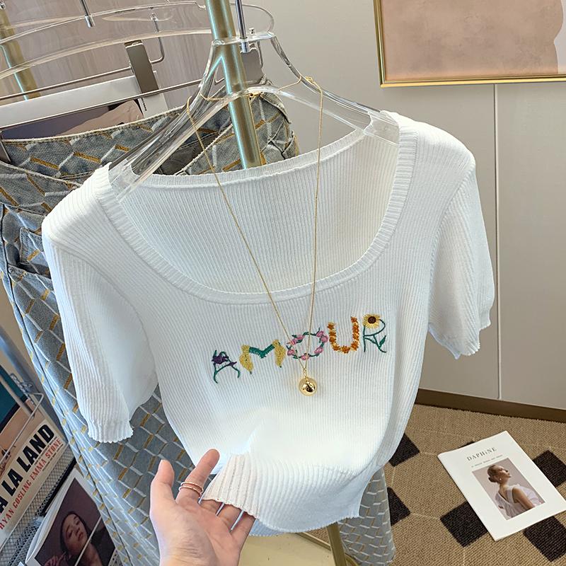 Summer Ice Silk Slim Knit Pullover Sweater Women Korean Sexy Fashion Crop Tops Letter Embroidery Ladies Knitted Tees T Shirts alx