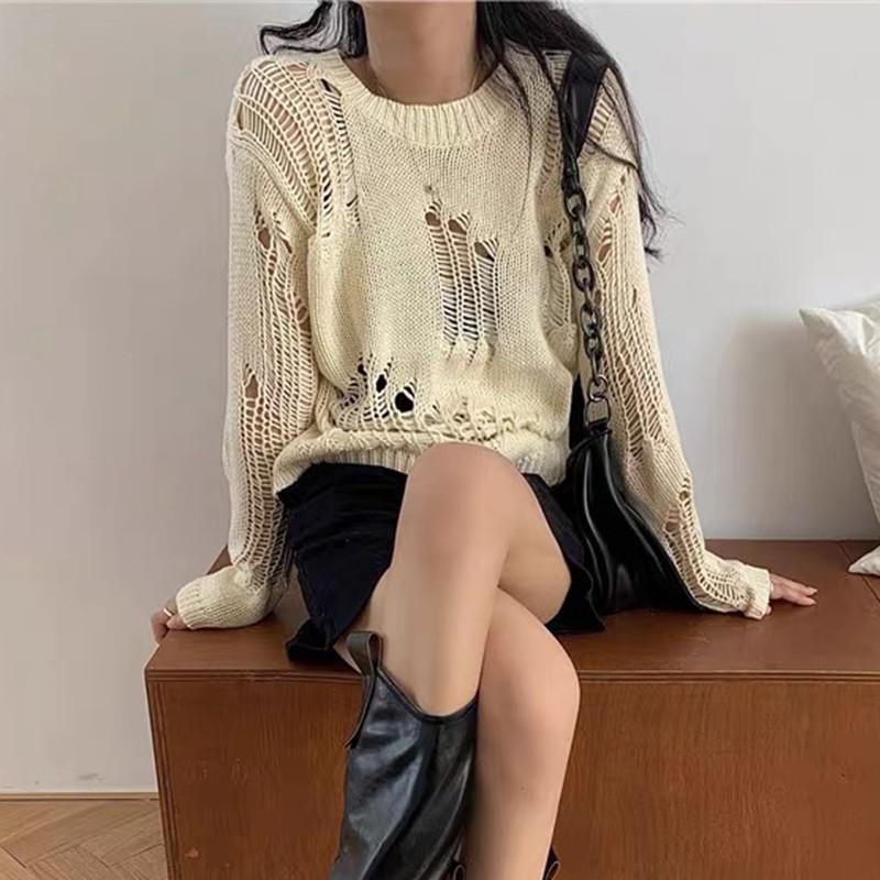 Yedinas Hollow Out Sexy Sweater Women Loose Knitted Tops Hole Thin Pullovers Long Sleeve Oversized Streetwear American Style 90s alx