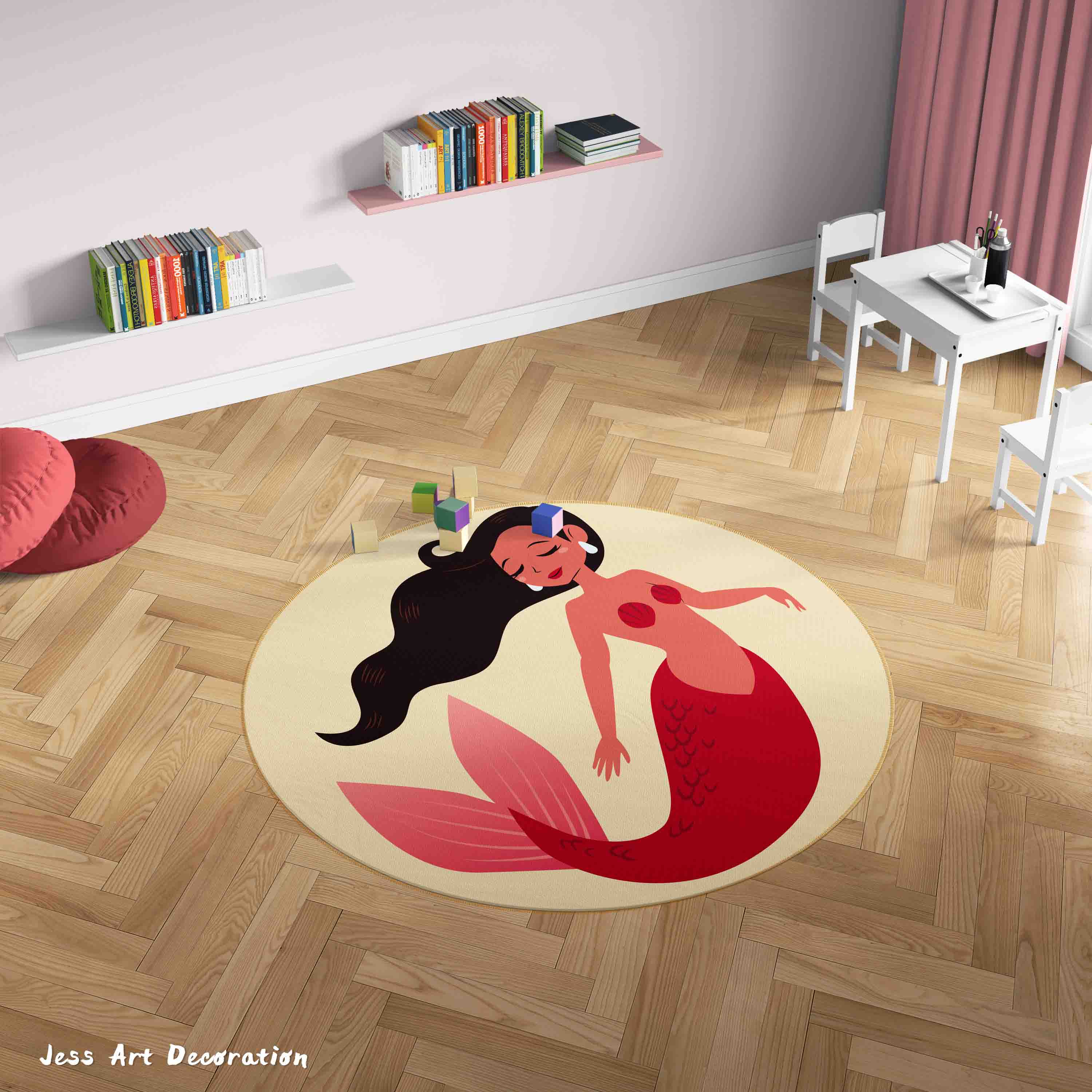 3D Cartoon Animals Mermaid Kids Non-Slip Round Rug Mat 48