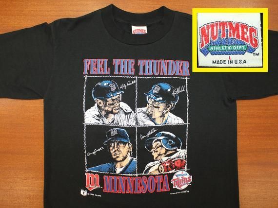 Minnesota Twins Vintage Shirt Short Black 90S 1990 Kirby Puckett Feel The Thunder Kent Shirt