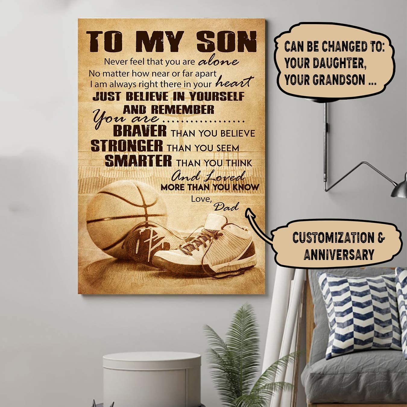 Poster for Room Aesthetic -Command Strips Wall Decor – Ly81 Customizable Basketball Poster – Dad to Son – Never Feel That You are Alone