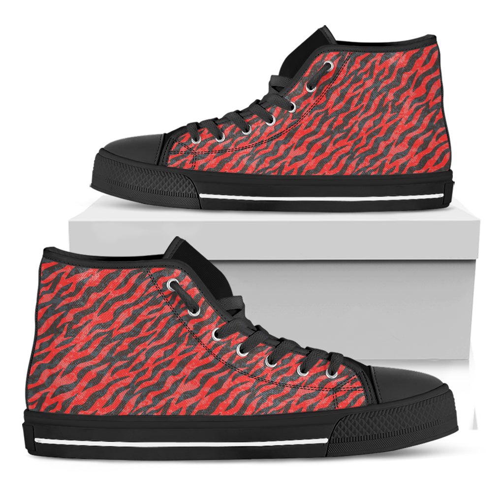 Black And Red Tiger Stripe Camo Print Black High Top Shoes