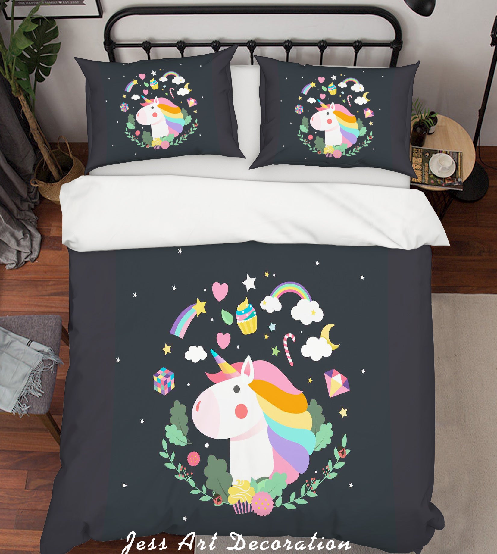 3D Black Unicorn Rainbow Star Floral Quilt Cover Set Bedding Set Pillowcases 81