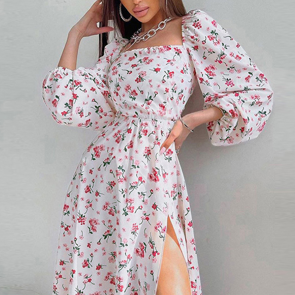 AIRX Autumn Long Sleeves Floral Dress Women Square Collar Printing Dresses Back Hollow Out High Slit Lantern Sleeve Long Skirt alx