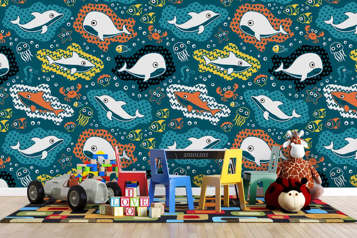 3D Cartoon Hand Drawn Colorful Ocean Dolphin Whale Fish Wall Mural Wallpaper Lxl