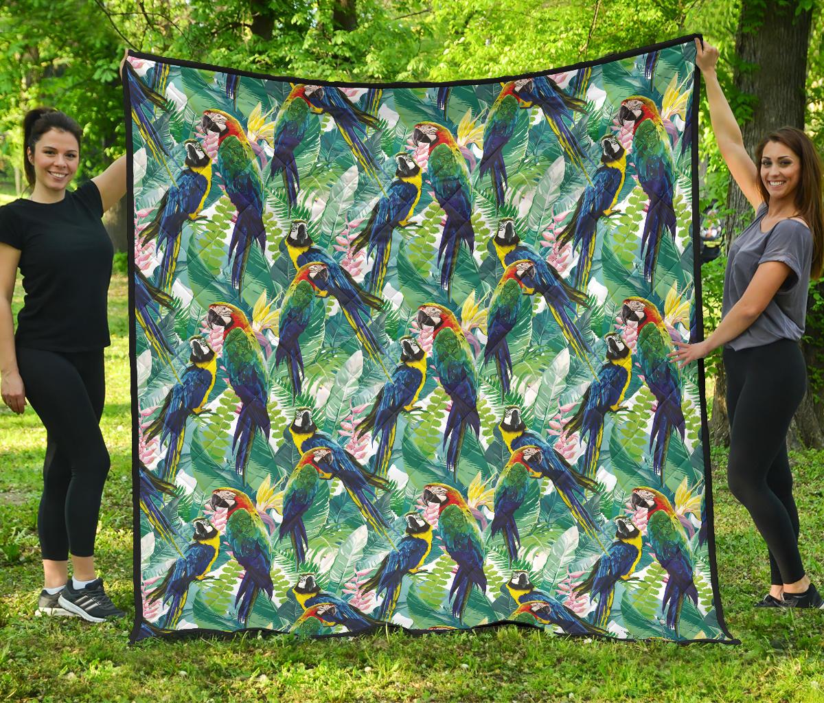 Colorful Parrot Exotic Flower Leaves Premium Quilt