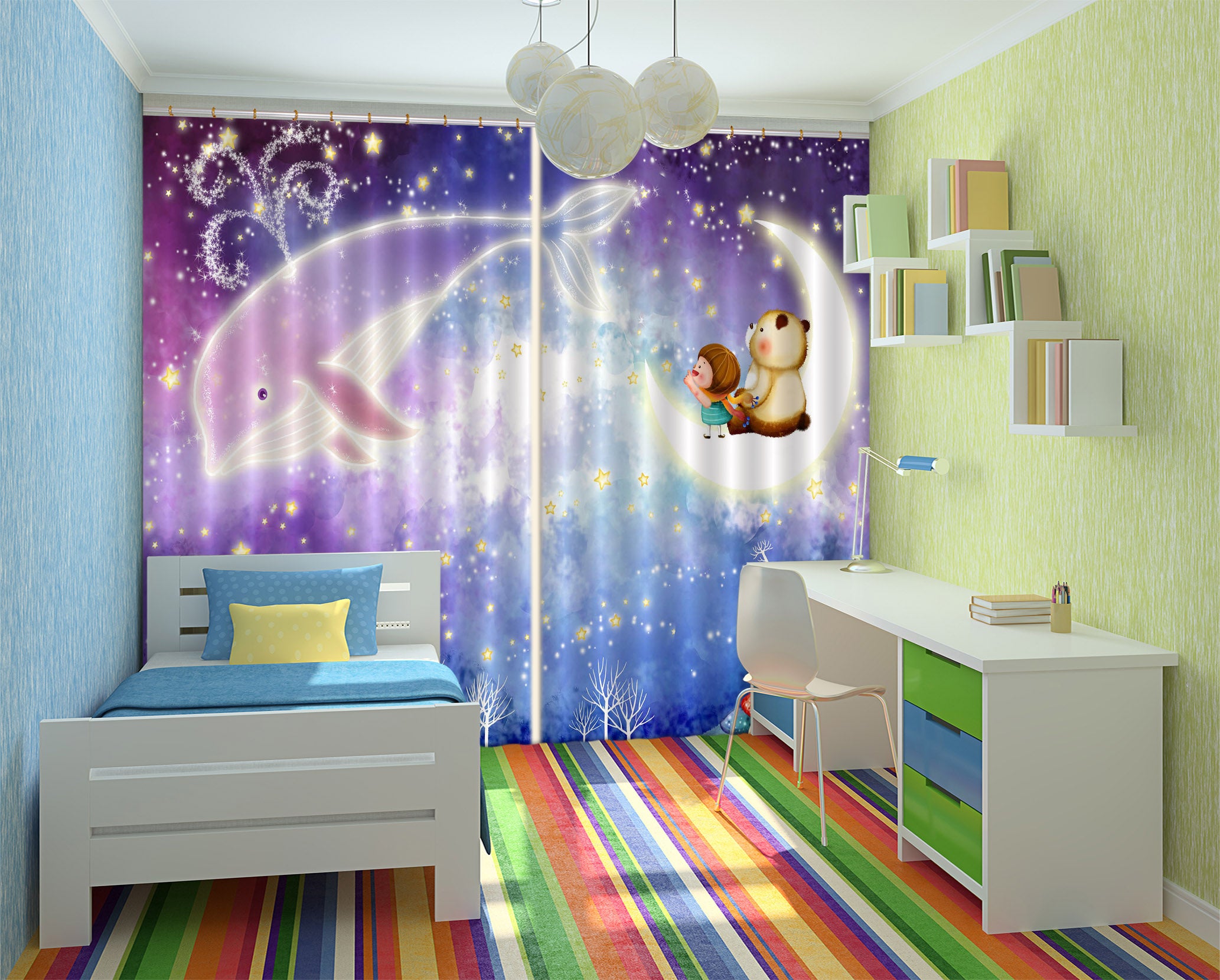 3D Cartoon Whale Moon Kid Curtains And Drapes 31