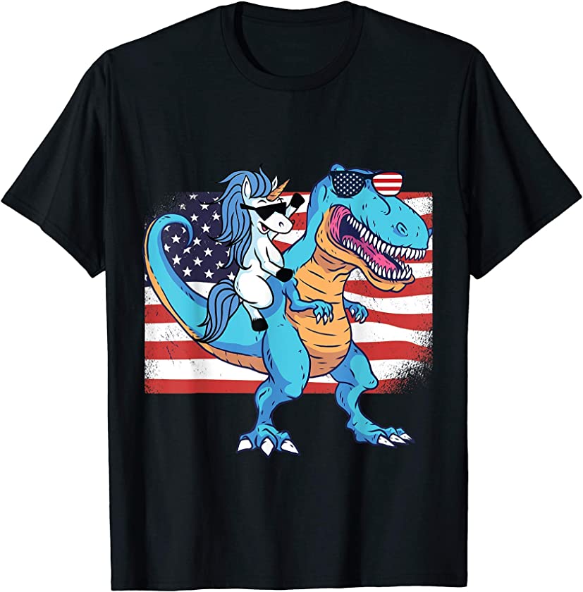 Unicorn Riding Dinosaur T rex American Flag 4th of July USA T-Shirt