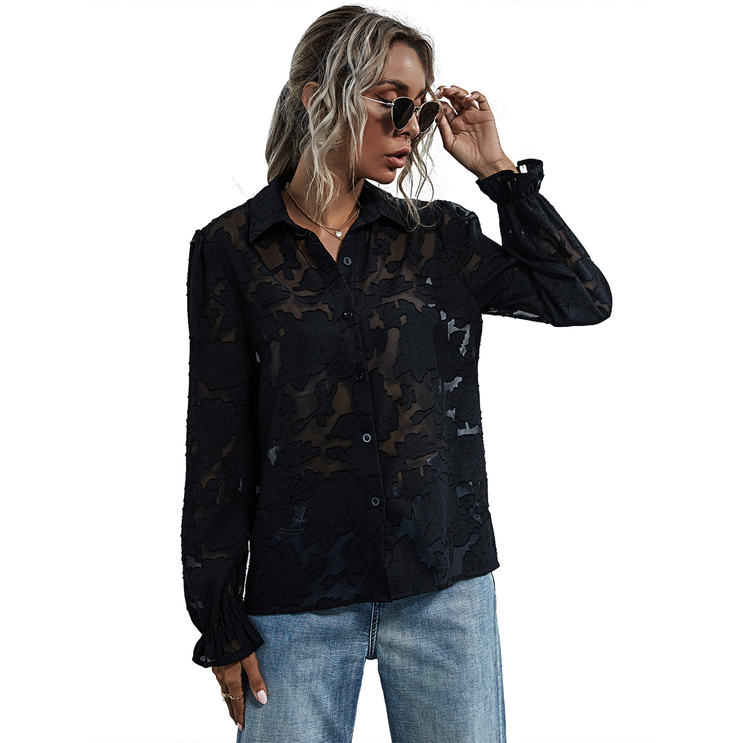 2022 Summer Sexy Tops Fashion Women Blouse See Through Blouse Lace Embroidered Flower Long-sleeve Solid Top Women Blusa 21695 alx