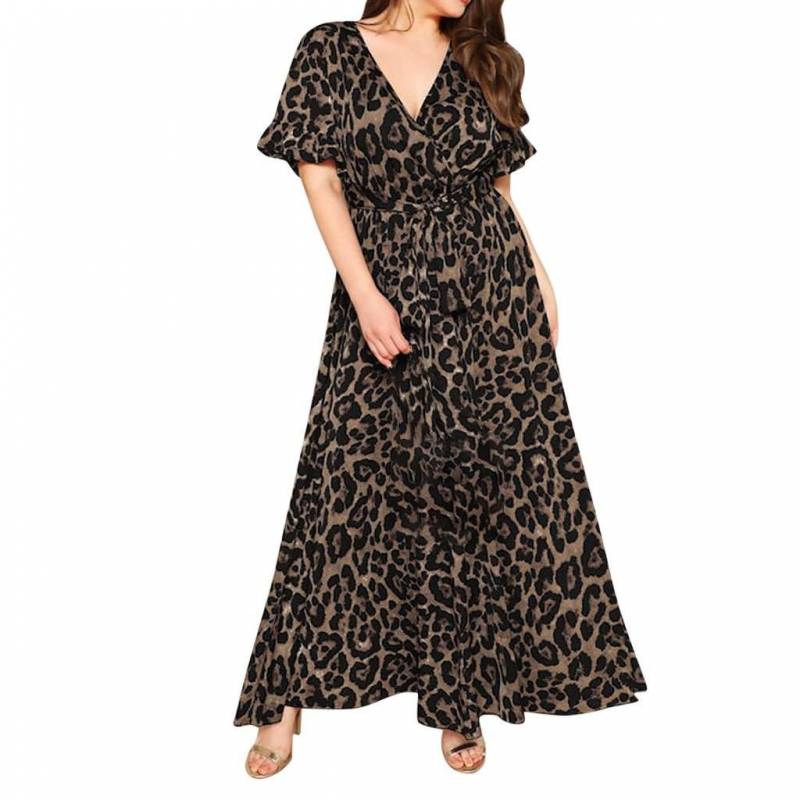 Sexy Plus Size Leopard Print V-Neck Short Sleeve Bandage Dress