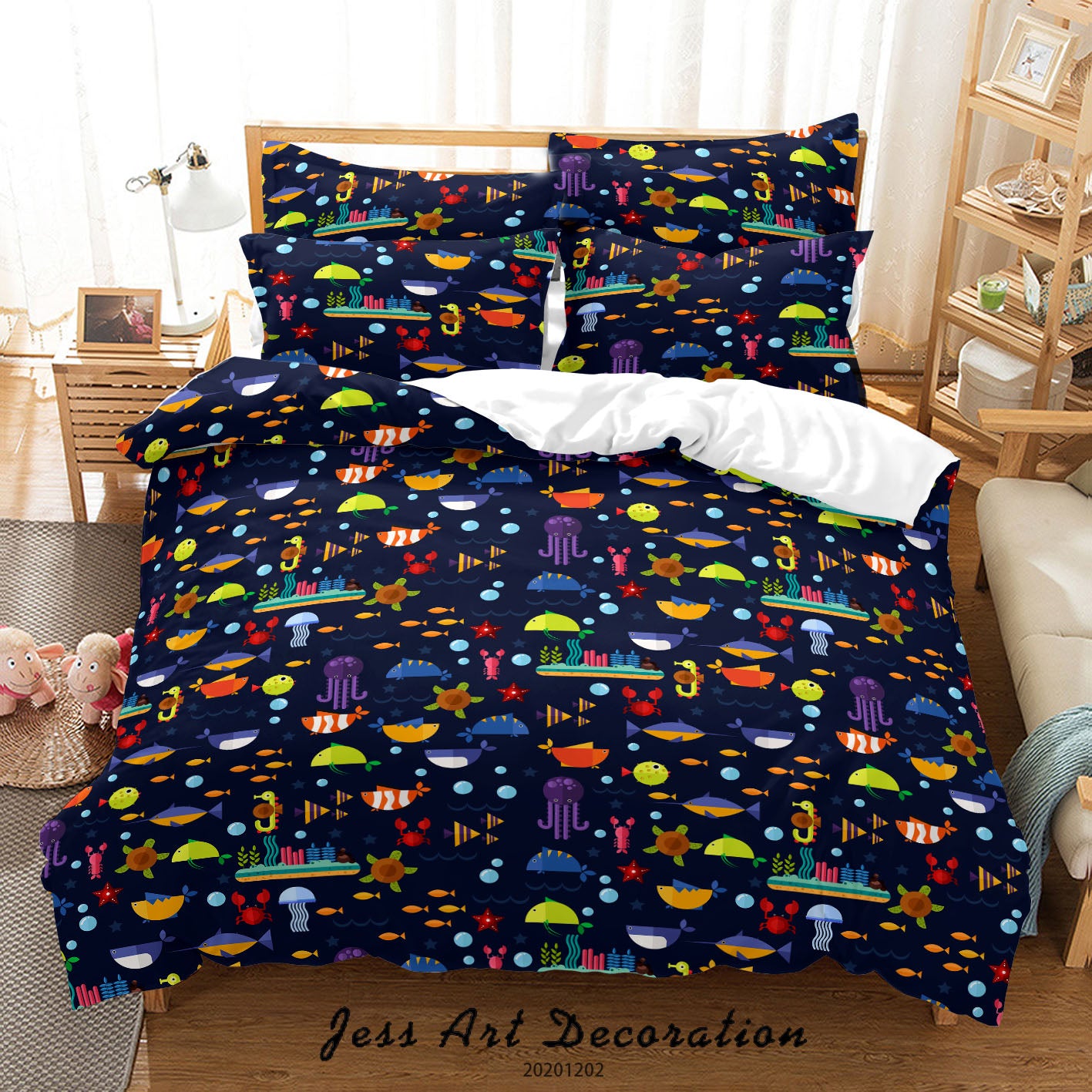 3D Hand Drawn Cartoon Colorful Sea Turtle Clownfish Whale Octopus Fish Pattern Quilt Cover Set Bedding Set Duvet Cover Pillowcases Lxl