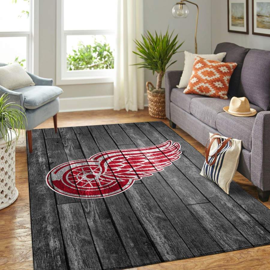 Detroit Red Wings Team Logo Grey Area Rugs Wooden Style Living Room Carpet Sports Floor Decor