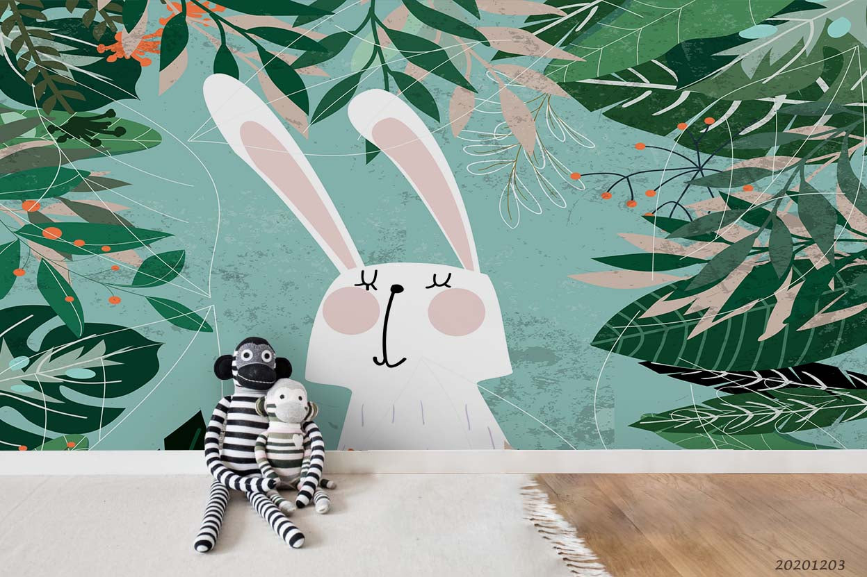 3D Cartoon Bunny Green Leaves Plant Wall Mural Wallpaper Lxl