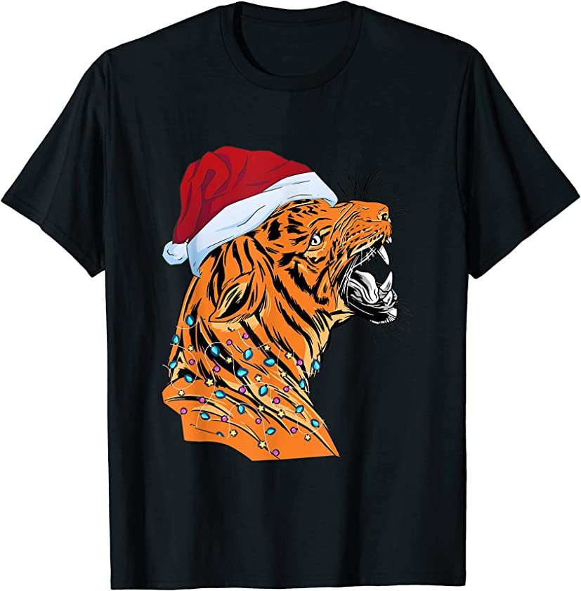 Christmas Bengal Tiger Face Santa Hat Bengal Tiger Face T-Shirt