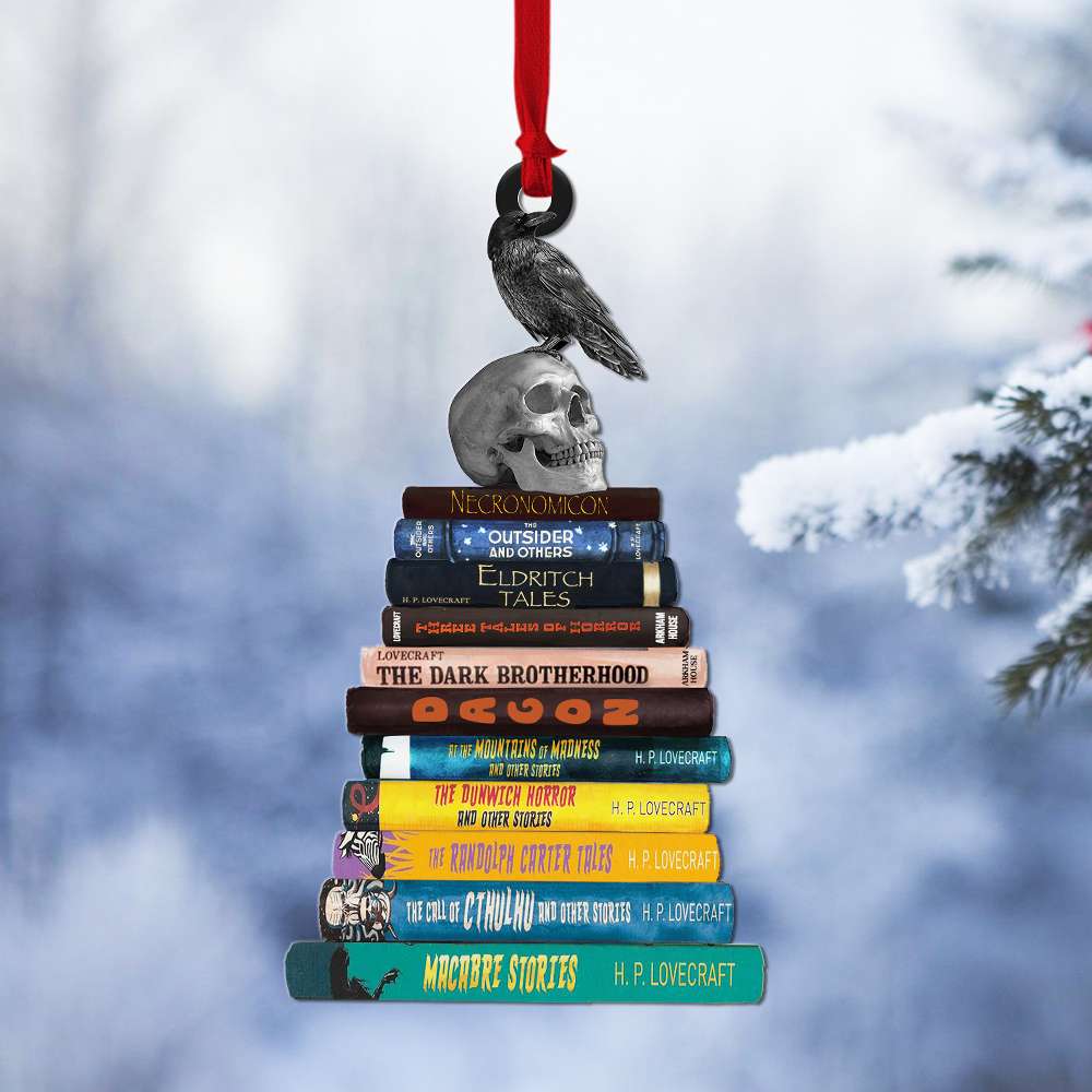 H. P. Lovecraft Collection Bookstack Skull And Raven Flat Ornament – Gift For Fans