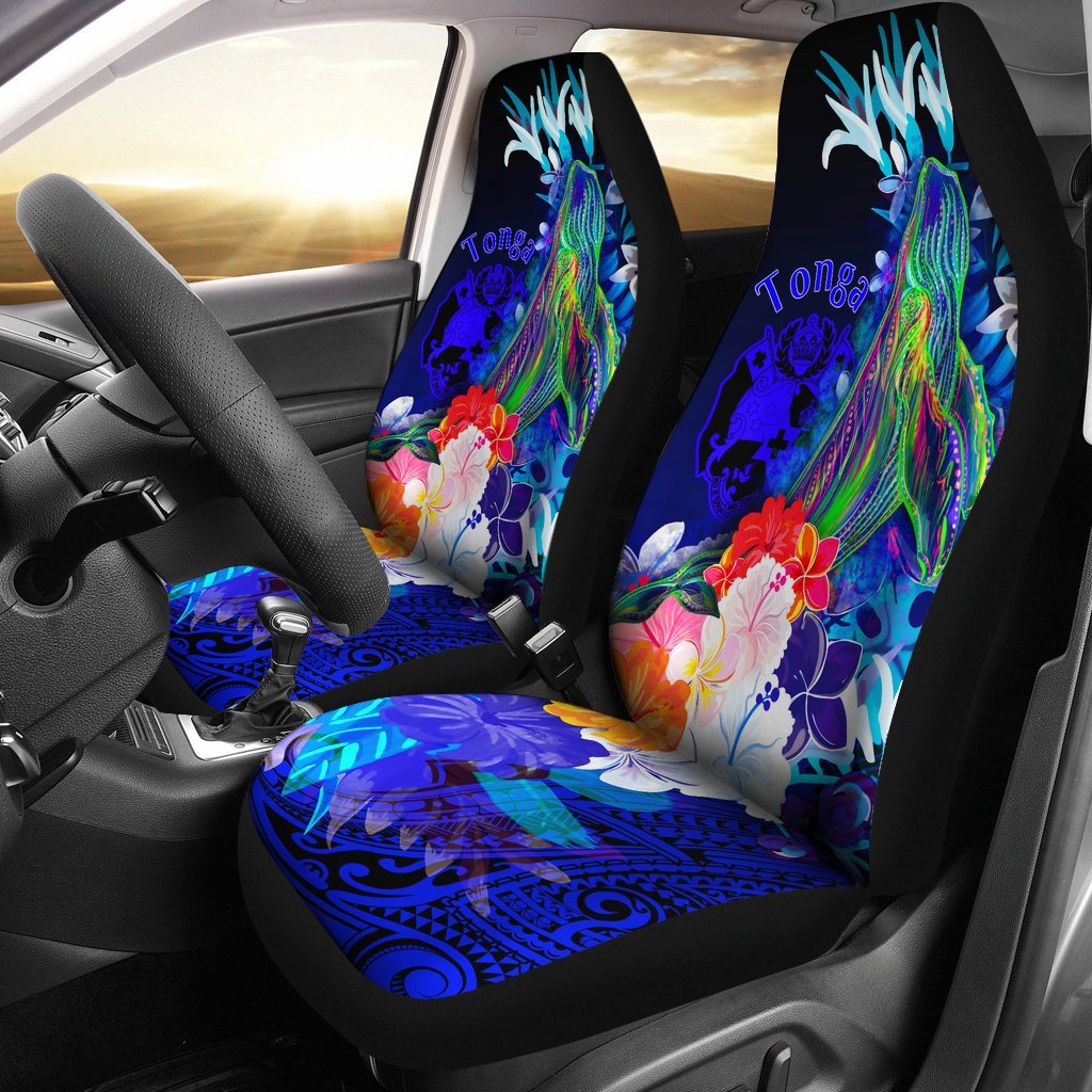 Tonga Car Seat Cover – Humpback Whale with Tropical Flowers (Blue)- BN18