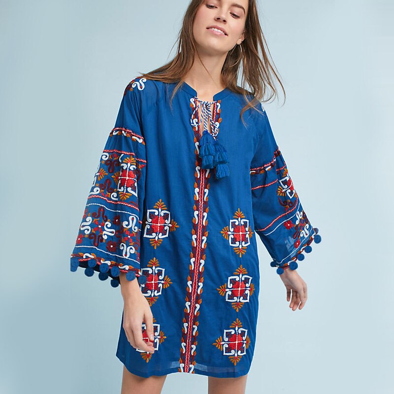 Summer vacation national style embroidery tassel lantern sleeve dress loose bobble ball island cardigan-style beach mini dress alx