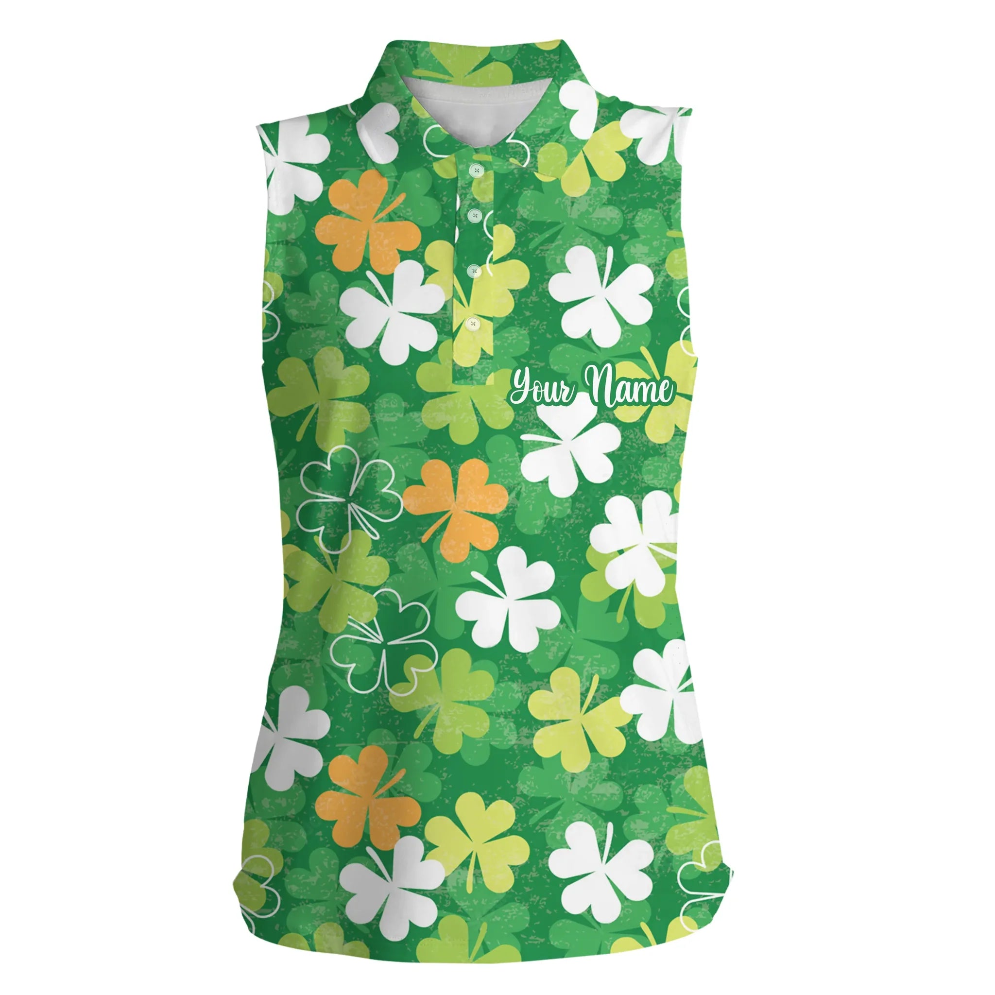 Womens Sleeveless Polo Shirt Green Clover Custom Name St. Patrick’S Day Pattern Ladies Golf Shirt