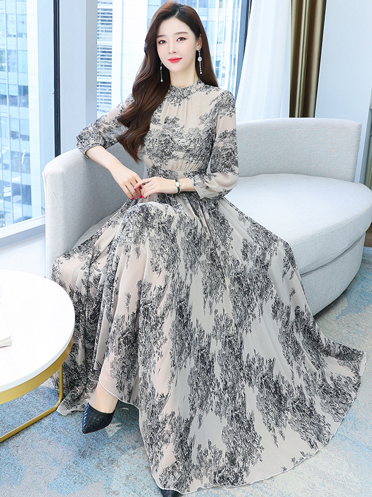 2022 Autumn Maxi Chiffon Women Prom Dress Casual Vintage Floral Long Sleeve Dresses Clothing Party Fashion Elegant Evening Robe alx