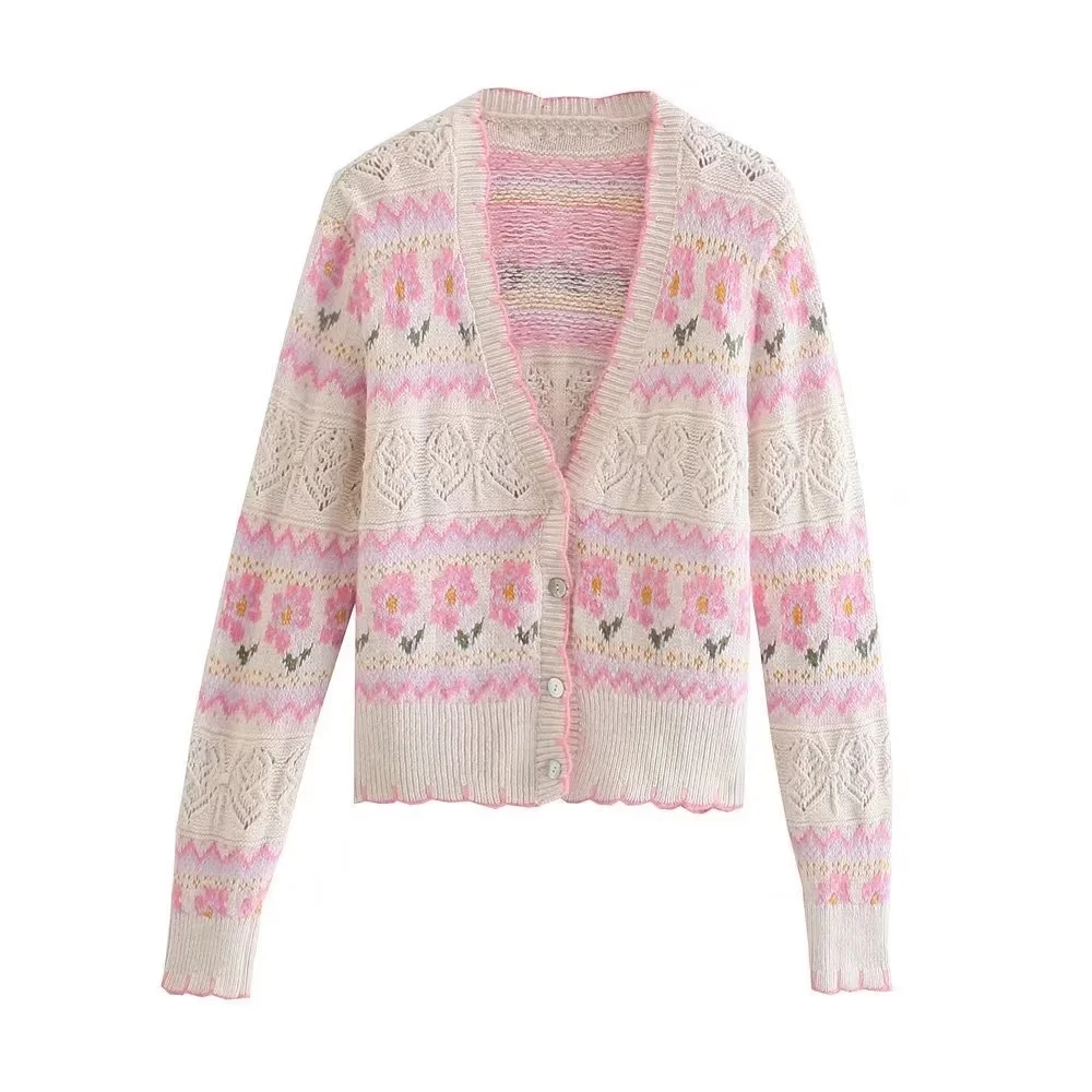 Women’s Cardigan Sweaters Pink Floral Knitted Jackets Top Sexy Hollow Out Jumpers Elegant Fashion Jumpers Knitwear Woman Sweater alx