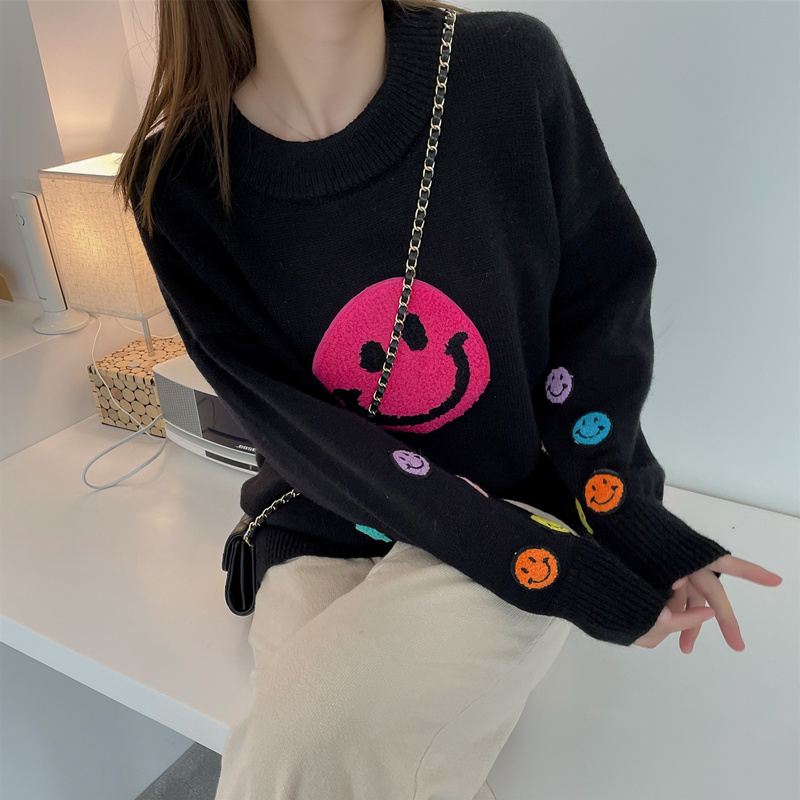 Autumn 2021 New Casual Women Sweater Cute Purple Baggy Knit Pullover Female Funny Smile Cashmere Pull Haut Femme Jumper Jersey alx