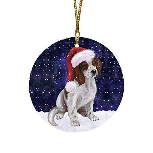 Let It Snow Christmas Holiday Red And White Irish Setter Puppy Dog Wearing Santa Hat Round Ornament D232