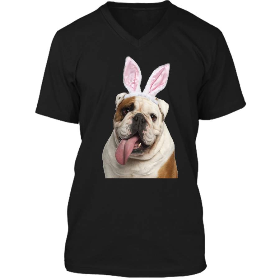 Bulldog Wearing Easter Bunny Ears Dog T-Shirt Mens Printed V-Neck T