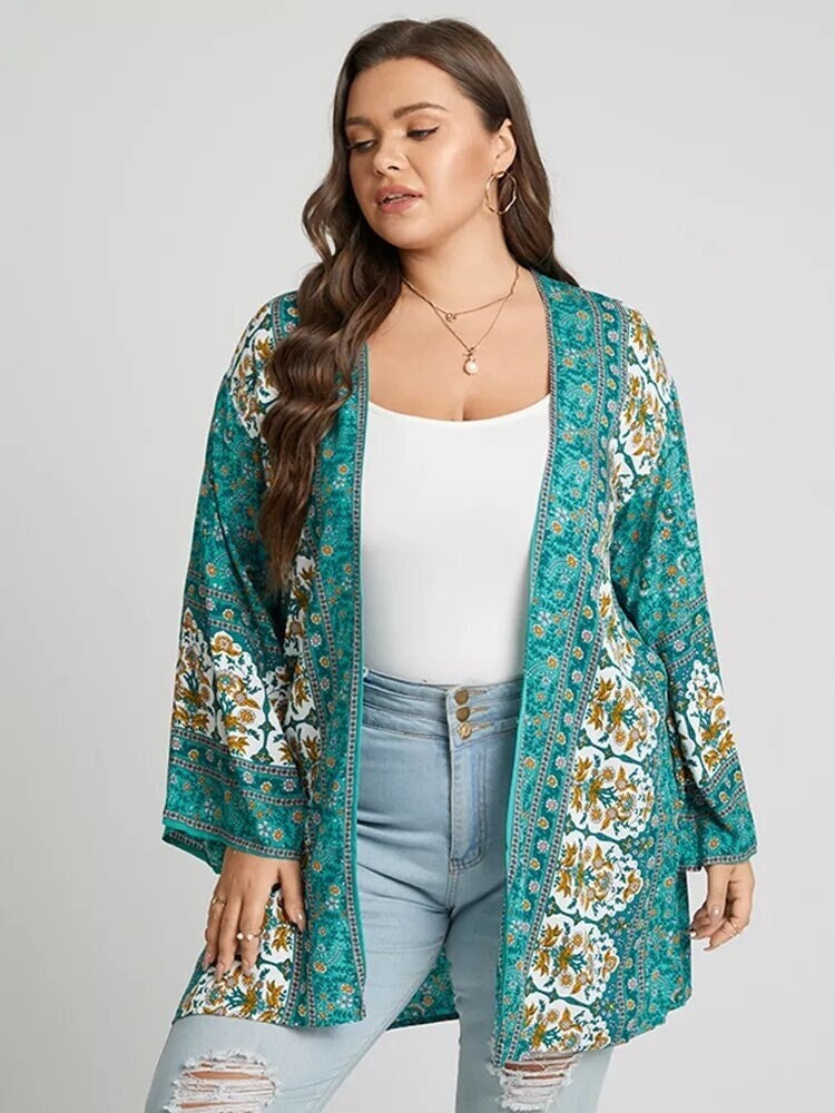 Kimono, Short Boho Kimono, Plus Size S-5XL Bohemian Tops, Oversized Floral Turquoise Kimono Top, Aesthetic Flowers Beach Cover Cardigan